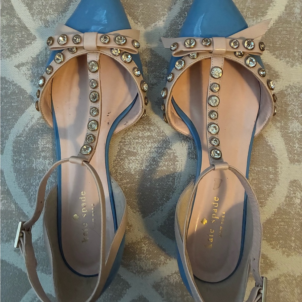 Kate Spade Blue and Beige Rhinestone Bow Pointed Flats